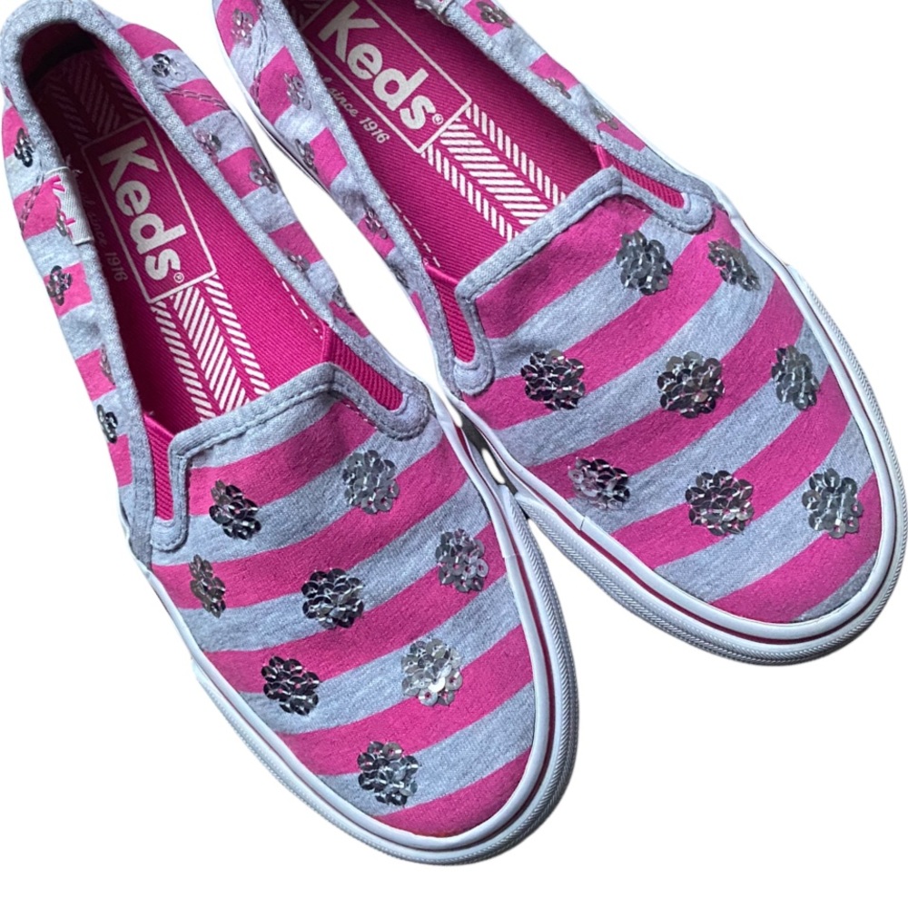 ❗️SOLD❗️Girls KEDS Pink & Gray Striped with Silver Sequins Slip On Shoes